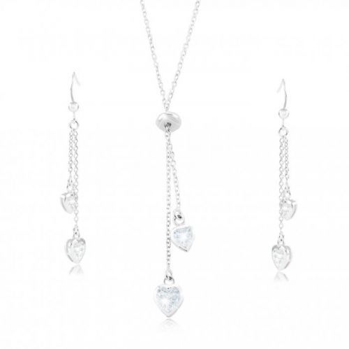 Set zo striebra 925 - náhrdelník a náušnice, zirkónové srdiečka na retiazkach