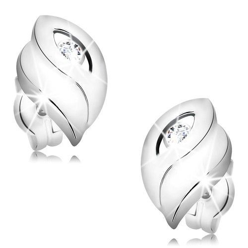 Zlaté 14K náušnice - širší lístok s výrezom a žiarivým briliantom