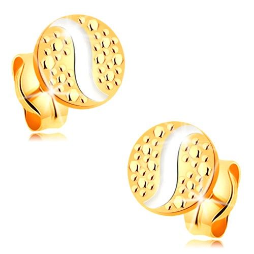 Zlaté puzetové náušnice 585 - malý kruh s vlnkou z bieleho zlata a bodkami