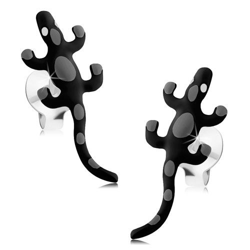 Strieborné náušnice 925, čierne glazúrované jašteričky so sivými fľakmi