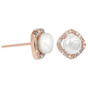 JwL Luxury Pearls Strieborné Rosegold náušnice s pravou bielou perlou a kryštály JL0252