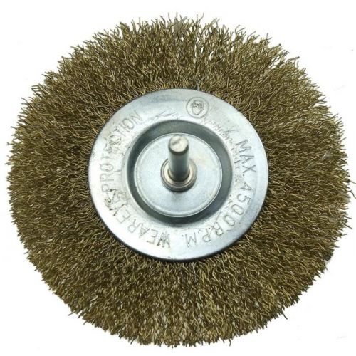 Kefa okružná, 100 mm, so stopkou 6 mm, vlnitý oceľový drôt, Drel