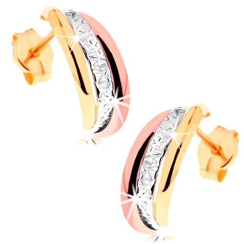 Zlaté náušnice 585 - trojfarebné polkruhy, gravírovaný stredový pás