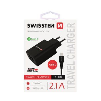 Sieťová nabíjačka Swissten SMART IC POWER 2.1A, 10W + kábel USB-C 1.2m - čierny
