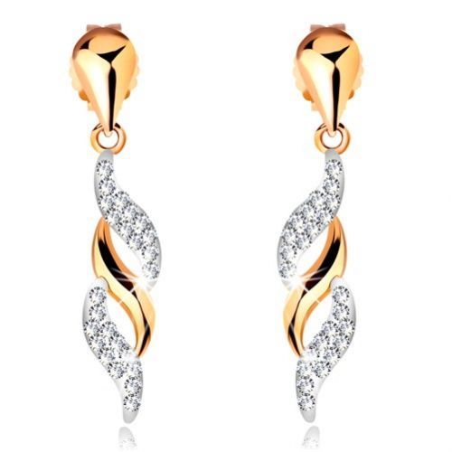 Zlaté náušnice 585 - ligotavé vlnky visiace na lesklej kvapke, krištáliky Swarovski