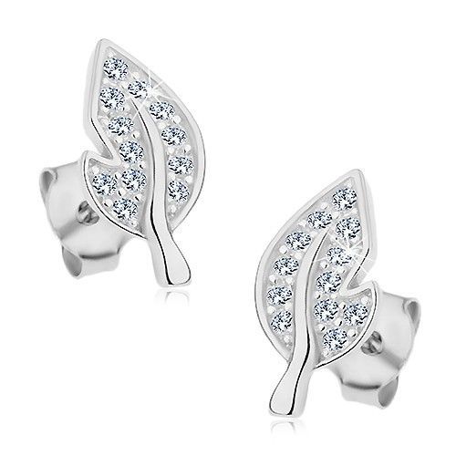 Strieborné náušnice 925, list so žiarivými čírymi zirkónmi a výrezom na boku