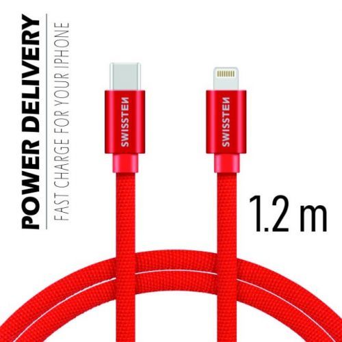 Dátový kábel Swissten textilný s USB-C + Lightning konektormi a podporou rýchlonabíjania, Red
