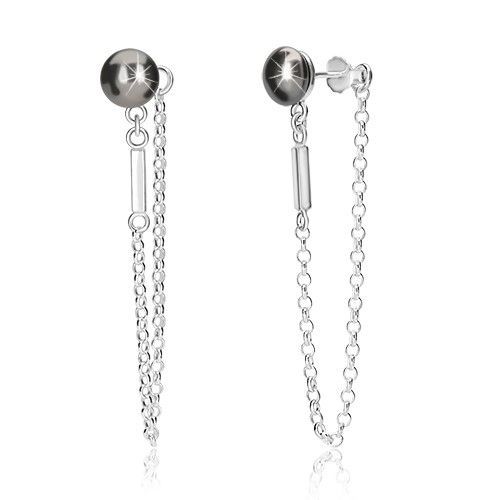 Strieborné retiazkové náušnice 925 - polguľa hematitovej farby, retiazka, lesklý pásik