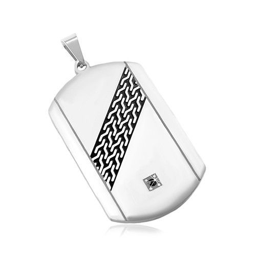 Oceľový prívesok, matná známka striebornej farby, šikmý čierny pás, čierny zirkón