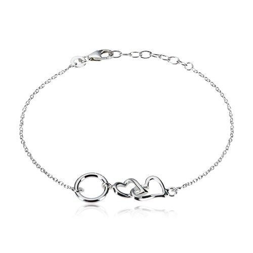 Strieborný náramok 925 - dve lesklé srdiečka a krúžok, menšie oválne očká