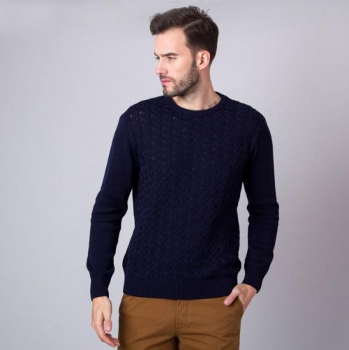 Pánsky sveter tmavo modrý s pletenú väzbou 11326
