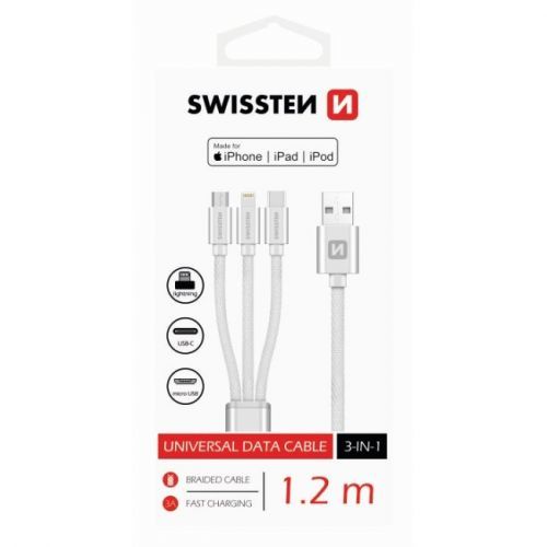 Dátový kábel Swissten textilný 3 v 1 a s podporou rýchlonabíjania, strieborný