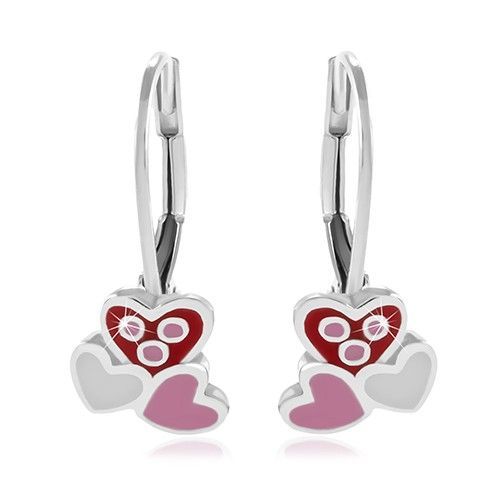 Strieborné 925 náušnice, tri ružové a biele glazúrované srdiečka
