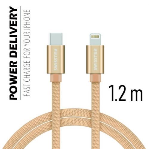 Dátový kábel Swissten textilný s USB-C + Lightning konektormi a podporou rýchlonabíjania, Gold