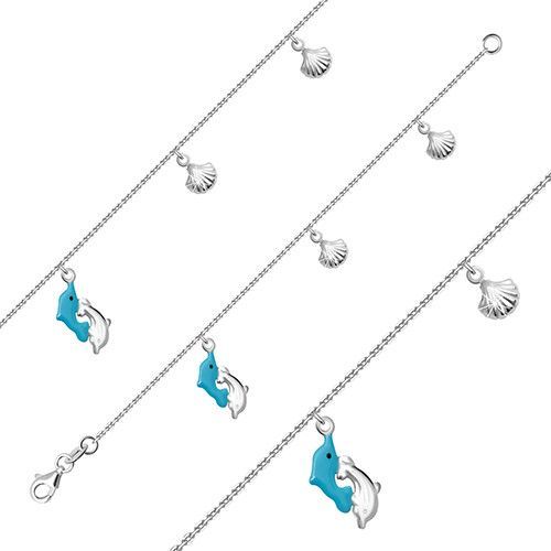 Strieborný náramok 925 pre deti - dva skákajúce delfíniky a mušle so zárezmi