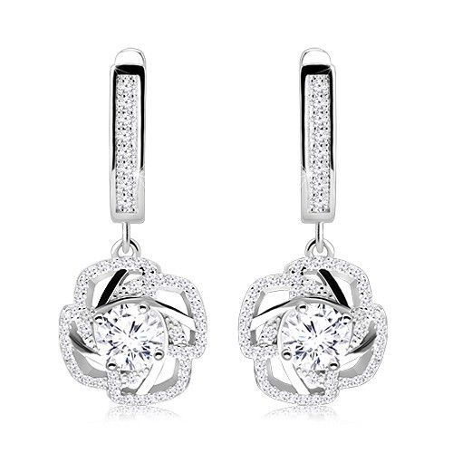 Náušnice zo striebra 925 - zirkónový obrys kvetu s lupeňmi, číry zirkón uprostred