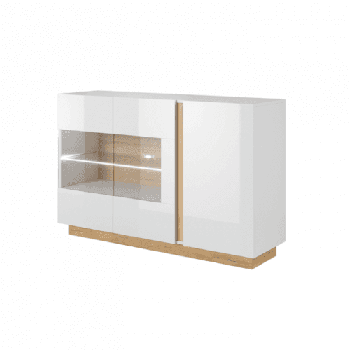 Komoda s vitrínou CITY bílá / dub grandson / bílý lesk Tempo Kondela