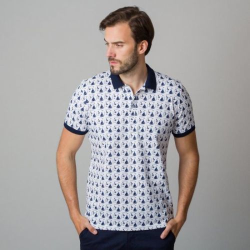 Pánske polo tričko s tmavo modrou potlačou plachetníc a kotiev 11835