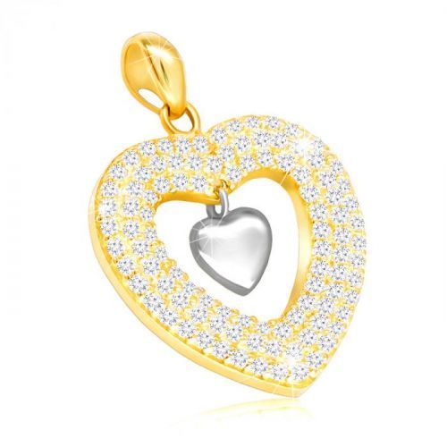Prívesok v kombinovanom 375 zlate - srdce vykladané čírymi zirkónmi, plné srdiečko