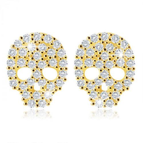Puzetové zlaté 375 náušnice - lebka vykladaná čírymi zirkónikmi