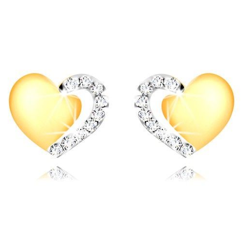 Zlaté náušnice 375 - pravidelné srdiečko s výrezom a zirkónovou líniou, puzetky