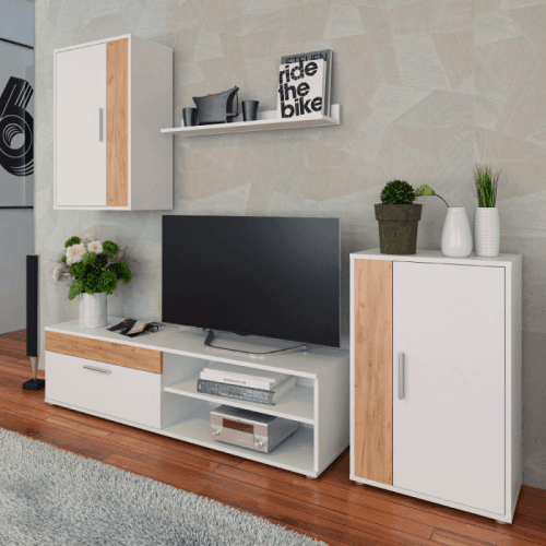 Obývací stěna, bílá/dub artisan, KEVIN