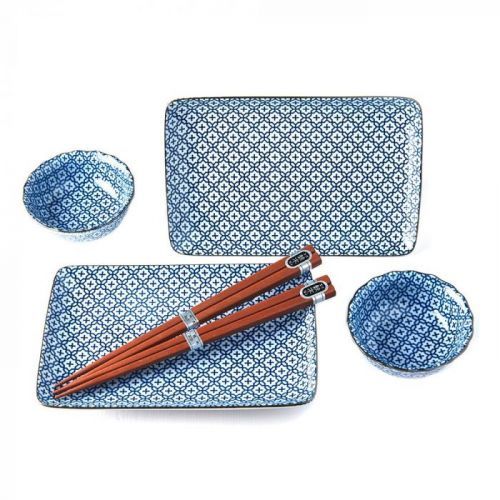Modro-biely servírovací set na sushi pre 2 osoby Mij Flower