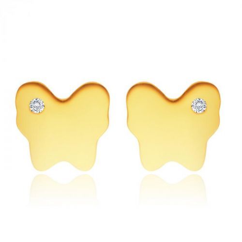 Náušnice zo 14K žltého zlata - zrkadlovolesklý motýlik s drobným čírym zirkónikom