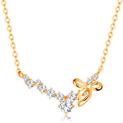 Zlatý náhrdelník 585 - oblúk z čírych zirkónov s lesklou uviazanou mašličkou