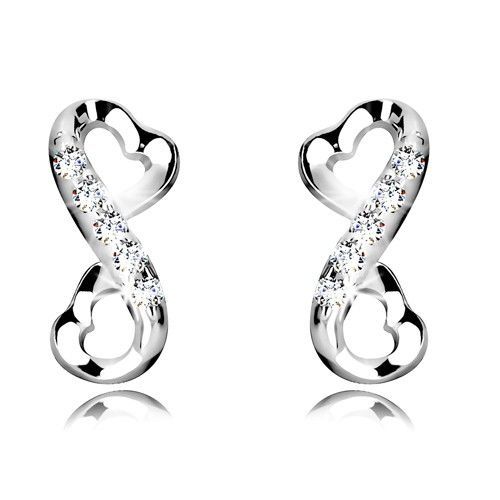 Strieborné náušnice 925 - lesklý symbol nekonečna, srdiečka a číre zirkóniky