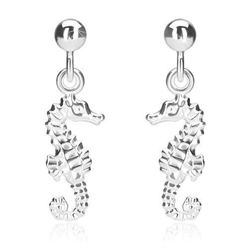 Strieborné náušnice 925 - visiaci morský koník, lesklá guľôčka, puzetky