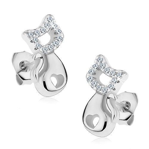 Strieborné náušnice 925, lesklá mačka so srdiečkovým výrezom a čírymi zirkónmi