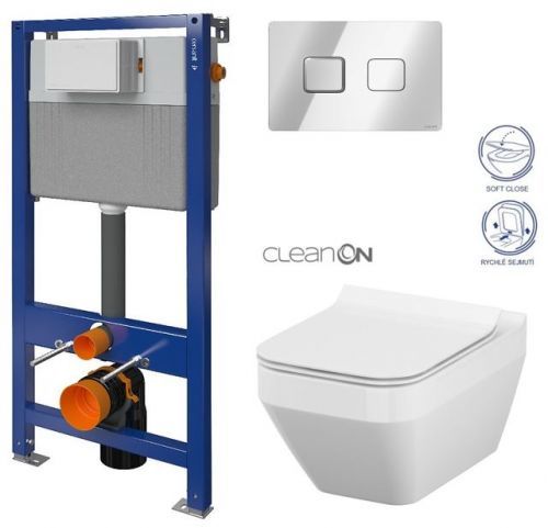 /SET/CERSANIT - POD. SYSTÉM AQUA 52 PNEU S QF + TLAČÍTKO SQUARE CHROM + WC CERSANIT CLEANON CREA čtverec + SEDÁTKO (S97-062 SQCR CR2)