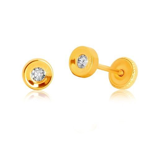 Náušnice zo žltého zlata 375 - konkávna objímka so zirkónom, puzetky so závitom