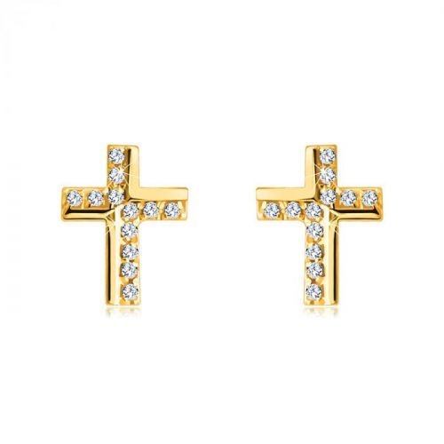 Zlaté náušnice z 9K zlata - krížik zdobený trblietavými zirkónikmi, lesklý povrch