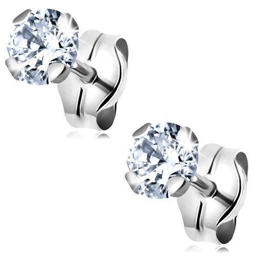 Puzetové náušnice v bielom 14K zlate - číry okrúhly zirkón v kotlíku, 4 mm