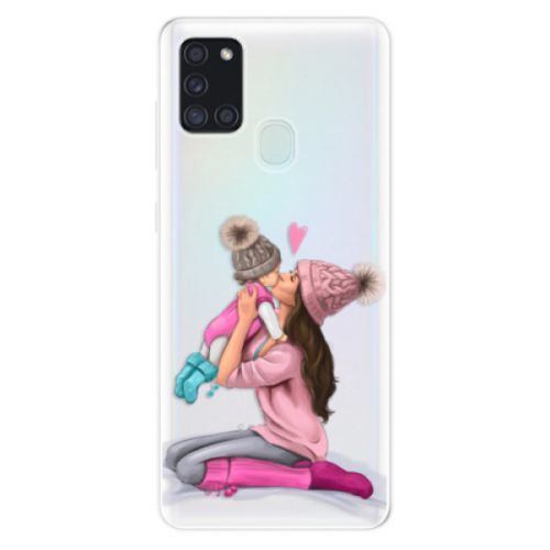 Odolné silikónové puzdro iSaprio - Kissing Mom - Brunette and Girl - Samsung Galaxy A21s