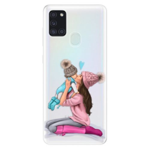 Odolné silikónové puzdro iSaprio - Kissing Mom - Brunette and Boy - Samsung Galaxy A21s