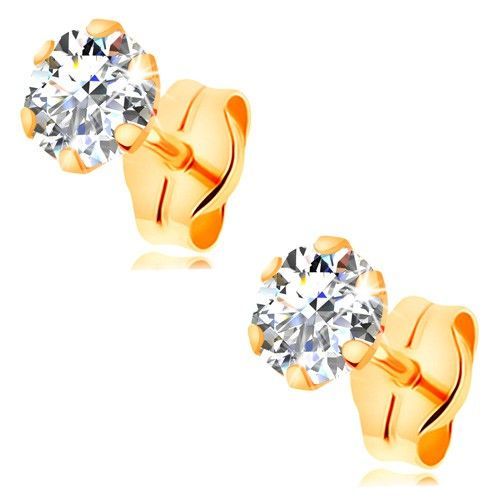 Puzetové náušnice zo žltého 14K zlata - číry okrúhly zirkón v kotlíku, 4 mm