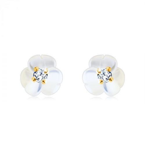 Zlaté náušnice z 9K zlata - malý trblietavý zirkónik, perleťový kvietok