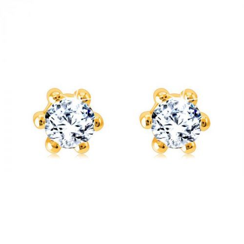 Náušnice zo 14K žltého zlata - trblietavý okrúhly zirkón, lemovaný lesklými paličkami