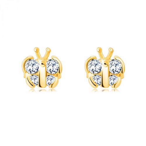 Puzetové náušnice zo 14K zlata - motýľ s trblietavými okrúhlymi zirkónmi, lesklý povrch