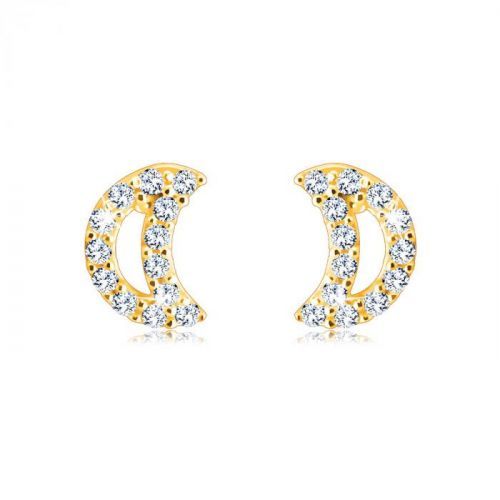 Puzetové náušnice z 9K zlata - polmesiac vykladaný okrúhlymi zirkónikmi, hladký povrch