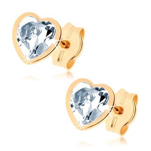 Náušnice zo žltého 9K zlata - číre srdiečko z brúseného zirkónu, úzky obrys