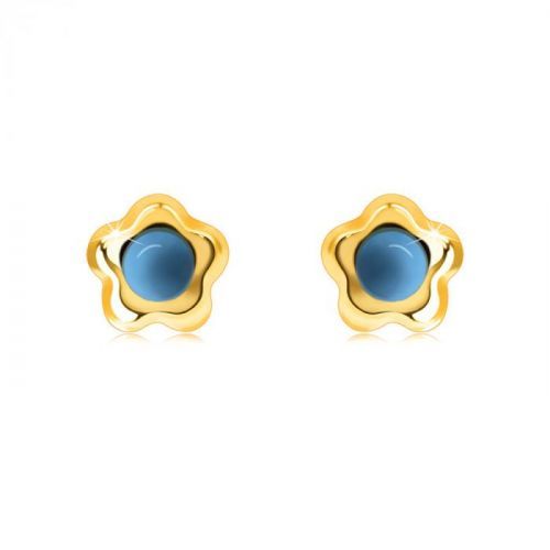 Puzetkové náušnice z 9K zlata - lesklý kvietok s vypuklou guličkou zo syntetického tyrkysu