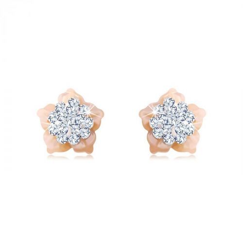 Zlaté 14K náušnice - kvet so Swarovski krištáľmi, ružové perleťové lupene, puzetky