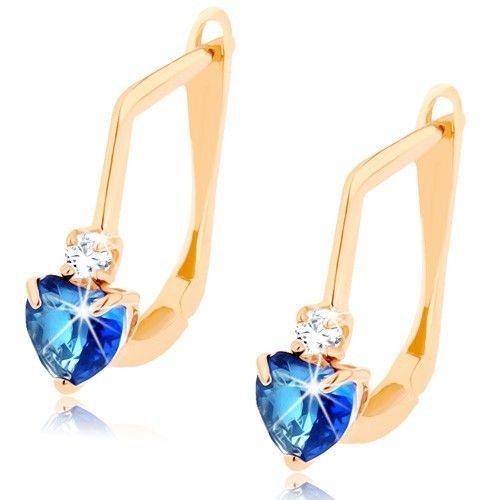 Náušnice zo žltého 14K zlata - tmavomodré zafírové srdiečko, číry zirkón