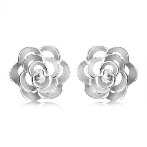 Strieborné 925 náušnice - vyrezávaná ruža s lupeňmi, puzetové zapínanie