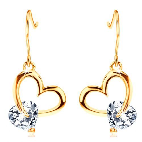 Náušnice v žltom 14K zlate - lesklá kontúra srdca, číre zirkónové srdiečko