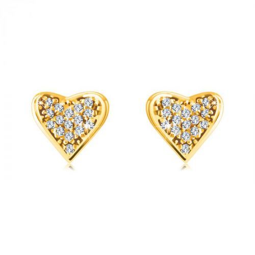 Zlaté 14K náušnice - srdcia vykladané drobnými okrúhlymi zirkónmi, úchyty v tvare bodiek